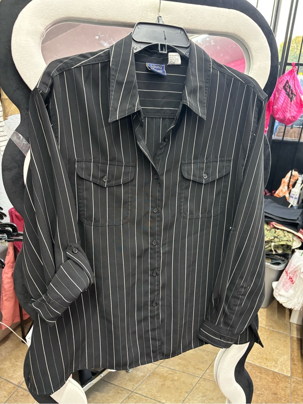 VINTAGE Y2K Laura Scott Black Pinstriped Button-Front Blouse